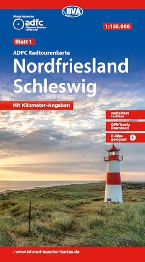BVA ADFC Radtourenkarte Nordfriesland, Schleswig 1:150.000 - reiß- und wetterfest, E-Bike geeignet, GPS-Tracks Download. Kompass Karten GmbH, 2026.