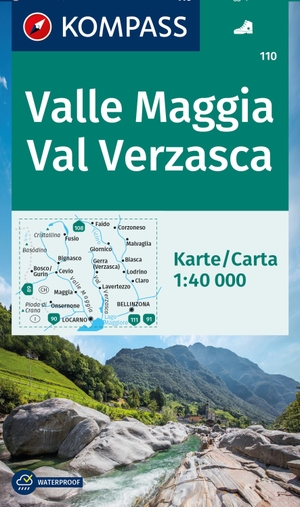KOMPASS Wanderkarte 110 Valle Maggia, Val Verzasca 1:40.000 - markierte Wanderwege, Fahrradwege, Hütten und vielem mehr. Kompass Karten GmbH, 2024.