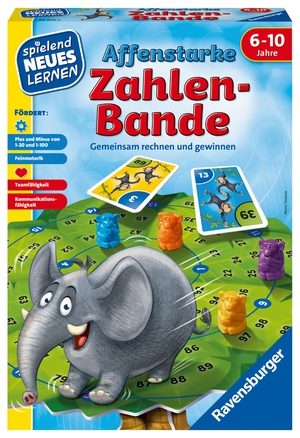 Teubner, Marco. Affenstarke Zahlen-Bande - Gemeinsam rechnen und gewinnen / 1 Palme / 1 Sprungtuch / 1 Elefant mit Aufstellfuß / 4 Affen / 28 Affenkarten / 2 Elefantenkarten /  6 Joker / 1 Spielanleitung. Ravensburger Spieleverlag, 2018.