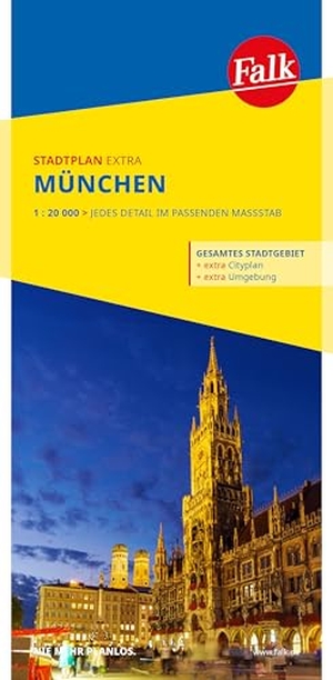 Falk Stadtplan Extra München 1:20.000 - mit Ortsteilen von Dachau, Fürstenfeldbruck, Garching, Germering, Grünwald, Ismaning, Taufkirchen. Mairdumont, 2025.