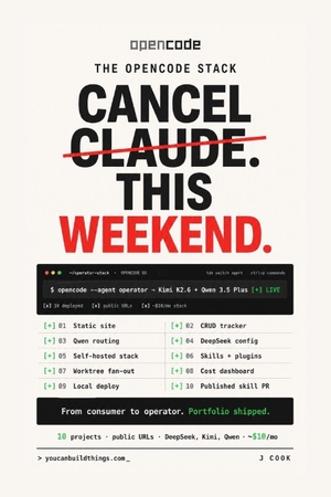 Cook, J.. The opencode Stack - Cancel Claude This Weekend - Ship 10 Real Projects. $10/mo. DeepSeek, Kimi, Qwen.. Independently published, 2026.