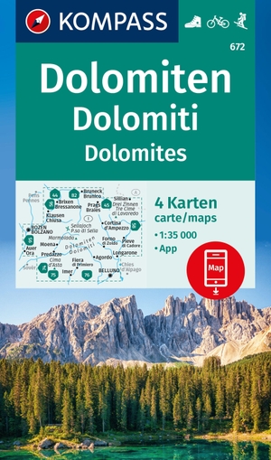 KOMPASS Wanderkarten-Set 672 Dolomiten, Dolomiti, Dolomites (4 Karten) 1:35.000 - inklusive Karte zur offline Verwendung in der KOMPASS-App. Fahrradfahren. Skitouren. Kompass Karten GmbH, 2024.