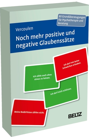 Vercoulen, Monique. Noch mehr positive und negative Glaubenssätze - 80 Grundüberzeugungen für Psychotherapie und Beratung. Mit 16-seitigem Booklet. Kartenformat 9,8 x 14,3 cm in stabiler Box.. Beltz Verlagsgruppe, 2026.