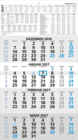 Neumann Verlage GmbH & Co KG (Hrsg.). 4-Monatskalender blau 2027 - Wandkalender 33x59 cm mit 4 Monaten pro Blatt, Datumschieber, Wochenzählung, Feiertagen & Ferien ideal für Büro & Homeoffice. Neumann Verlage GmbH & Co, 2026.