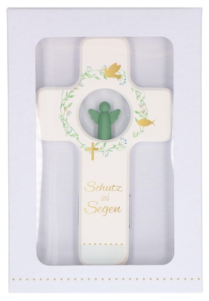 Kinderholzkreuz 18 x 11 cm - weißes Eichenholz, farbig bedruckt & durchbrochen, mit salbeigrünem Engel aus Feinmetall, zum Aufhängen, Taufgeschenk inkl. Geschenkverpackung. Butzon & Bercker, 2026.