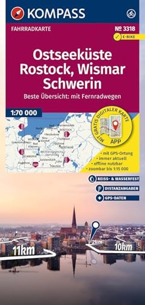 KOMPASS Fahrradkarte 3318 Ostseeküste, Rostock, Wismar, Schwerin 1:70.000 - reiß- und wetterfest. Kompass Karten GmbH, 2026.