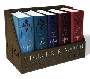 Martin, George R. R.. George R. R. Martin's A Game of Thrones Leather-Cloth Boxed Set (Song of Ice and Fire Series) - A Game of Thrones, A Clash of Kings, A Storm of Swords, A Feast for Crows, and A Dance with Dragons. Random House LLC US, 2015.