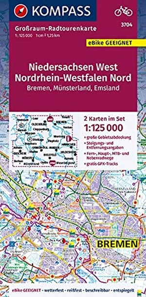 KOMPASS-Karten GmbH (Hrsg.). KOMPASS Großraum-Radtourenkarte 3704 Niedersachsen West, Nordrhein-Westfalen Nord 1:125.000 - 2 Karten im Set, reiß- und wetterfest, GPX-Daten zum Download. Kompass Karten GmbH, 2021.