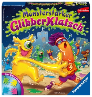 Monsterstarker Glibber-Klatsch - 4 Glibberbänder / 4 Glibbermonster / 14 Citymonster / 1 Mülltonne / 1 Drehscheibe mit Pfeil / 4 Spielfiguren / 1 Spielanleitung. Ravensburger Spieleverlag, 2018.