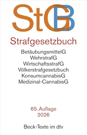 Strafgesetzbuch. StGB - mit Einführungsgesetz, Völkerstrafgesetzbuch, Subventionsgesetz,  Wehrstrafgesetz, Wirtschaftsstrafgesetz, Betäubungsmittelgesetz, Konsumcannabisgesetz, Medizinal-Cannabisgesetz, Versammlungsgesetz sowie Auszügen aus dem Jugendgerichtsgesetz,Straßenverkehrsgesetz, Ordnungswidrigkeitengesetz und Grundgesetz. Textausgabe. dtv Verlagsgesellschaft, 2026.