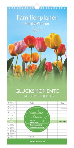 Neumann Verlage GmbH & Co KG (Hrsg.). Familienplaner Glücksmomente 2027 - Familienplaner 19,5x45 cm mit 5 Spalten, 4-sprachigem Kalendarium, Feiertagen & Schulferien, ideal für Familienorganisation. Neumann Verlage GmbH & Co, 2026.