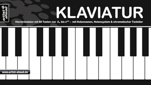 Klaviatur - Ausklappbare Klaviertastatur mit 88 Tasten von A'' bis c''''', mit Notennamen, Notensystem und chromatischer Tonleiter (360g-Kartonpapier).. Artist Ahead Musikverlag, 2016.