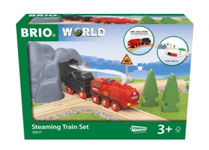 BRIO World 36017 Batterie-Dampflok Set - Aus dem Schornstein der Lokomotive strömt während der Fahrt kalter Wasserdampf - Klassisches Bahn-Acht Layout inklusive Bergtunnel. Ravensburger Spieleverlag, 2022.