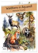 Waldtiere in Aquarell - Heimische Tierarten (Wandkalender 2024 DIN A2 hoch), CALVENDO Monatskalender