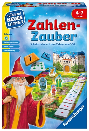 Meister, Heinz. Zahlen-Zauber - Schatzsuche mit den Zahlen von 1-10 / 1 Spielplanaus drei Teilen / 1 Zauberschloss / 40 Schatzkärtchen / 4 Spielfiguren / 6 Aufstellfüße / 1 Spielanleitung. Ravensburger Spieleverlag, 2018.