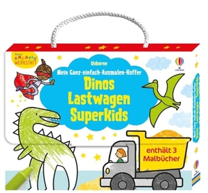 Kleine Kreativ-Werkstatt - Mein Ganz-einfach-Ausmalen-Koffer: Dinos, Lastwagen, Superkids - Set aus 3 Malbüchern mit vielfältigen, großflächigen Ausmalvorlagen - für Kinder ab 3 Jahren. Usborne Verlag, 2025.