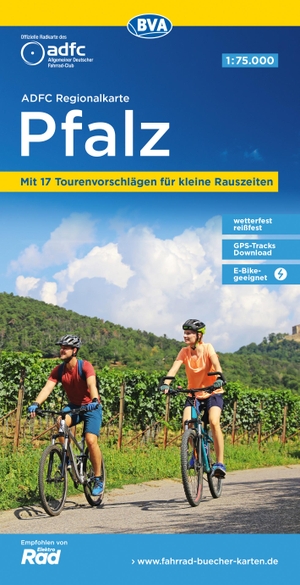 Allgemeiner Deutscher Fahrrad-Club e. V. / BVA BikeMedia GmbH (Hrsg.). ADFC-Regionalkarte Pfalz, 1:75.000, mit Tagestourenvorschlägen, reiß- und wetterfest, E-Bike-geeignet, GPS-Tracks Download. BVA Bielefelder Verlag, 2024.