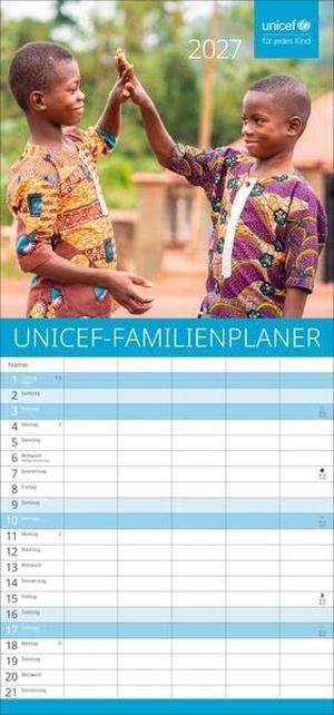 Unicef Familienplaner 2027 - Kinder der Welt: praktischer Kalender des Kinderhilfswerks mit fünf Spalten. Terminkalender für die Wand. Format 21 x 45 cm. Heye, 2026.