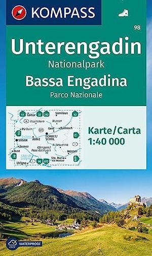KOMPASS Wanderkarte 98 Unterengadin, Nationalpark / Bassa Engadina, Parco Nazionale 1:40.000 - markierte Wanderwege, Hütten, Radrouten. Kompass Karten GmbH, 2023.