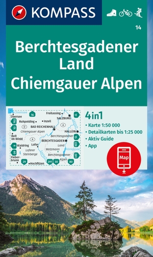 KOMPASS Wanderkarte 14 Berchtesgadener Land, Chiemgauer Alpen 1:50.000 - 4in1 Wanderkarte mit Aktiv Guide und 1:25000 Karten, inklusive Kartenbereich zur offline Verwendung in der KOMPASS-App. Fahrradfahren. Skitouren.. Kompass Karten GmbH, 2023.