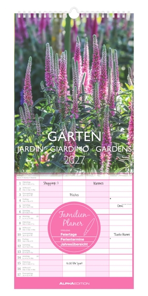 Neumann Verlage GmbH & Co KG (Hrsg.). Gärten 2027 - Familienkalender 19,5x45 cm mit 4 Spalten, Gartenmotiven, Feiertagen, Schulferien & 4-sprachigem Kalendarium, für Familienorganisation. Neumann Verlage GmbH & Co, 2026.
