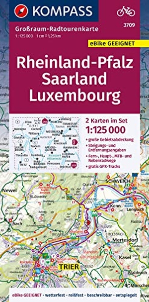 KOMPASS Großraum-Radtourenkarte 3709 Rheinland-Pfalz, Saarland, Luxembourg 1:125.000 - 2 Karten im Set, reiß- und wetterfest, GPX-Daten zum Download. Kompass Karten GmbH, 2023.