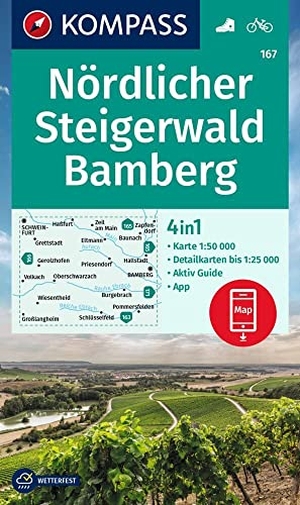 KOMPASS Wanderkarte 167 Nördlicher Steigerwald, Bamberg 1:50.000 - 4in1 Wanderkarte mit Aktiv Guide und Detailkarten inklusive Karte zur offline Verwendung in der KOMPASS-App. Fahrradfahren.. Kompass Karten GmbH, 2023.