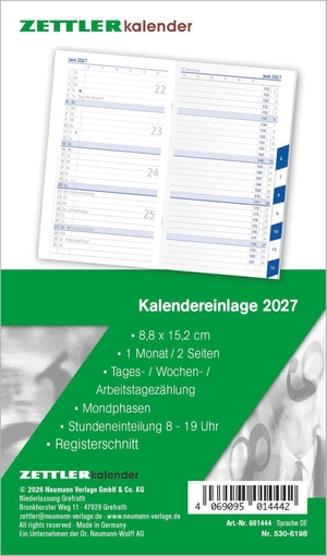 Neumann Verlage GmbH & Co KG (Hrsg.). Kalenderersatzeinlage TP 1M/2S Registerschnitt 2027 - Ersatzkalendarium 9x15 cm für Taschenplaner Typ 530, 16 Blatt, 1 Monat auf 2 Seiten, Registerschnitt, Zeitplaner 8-19 Uhr. Neumann Verlage GmbH & Co, 2026.