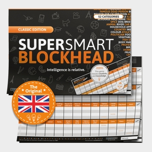 Barreto, Ricardo / Denis Görz. SUPER-SMART-BLOCKHEAD - "Intelligence is relative" - DIN-A3 Block mit 50 Blatt, 52 lustige Kategorien bringen jeden Hobbydenker ins Schwitzen. Spaß garantiert!, Pro Runde (13 Begriffe) 2 Minuten. D&R DENKRIESEN GmbH, 2018.