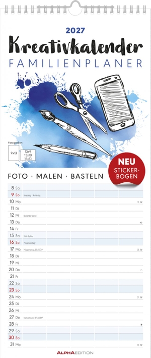Neumann Verlage GmbH & Co KG (Hrsg.). Kreativkalender Familienplaner 2027 - Bastelkalender 19,5x45 cm mit 5 Spalten, individuell gestaltbar, Notizfeld und Stickerbogen. Neumann Verlage GmbH & Co, 2026.