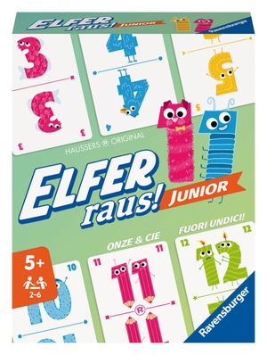 © Hausser. Ravensburger - 20947 Elfer Raus! Junior - Kartenspiel 2 - 6 Spieler, Spiel ab 5 Jahren für Kinder und Erwachsene, Zahlenraum 1-20. Ravensburger Spieleverlag, 2023.