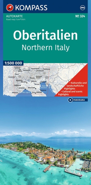 KOMPASS Autokarte Oberitalien, Italia settentrionale, Northern Italy, Italie du Nord 1:500.000 - mit Panorama auf der Rückseite. Kompass Karten GmbH, 2026.