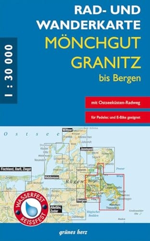Rad- und Wanderkarte Mönchgut, Granitz, bis Bergen - Mit Ostseeküsten-Radweg. Wasser- und Reißfest.. Verlag grünes Herz, 2026.