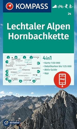 KOMPASS Wanderkarte 24 Lechtaler Alpen, Hornbachkette 1:50.000 - 4in1 Wanderkarte mit Aktiv Guide und 1:25000 Karten, inklusive Kartenbereich zur offline Verwendung in der KOMPASS-App. Fahrradfahren. Skitouren.. Kompass Karten GmbH, 2024.
