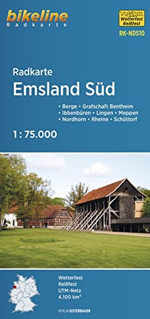 Esterbauer Verlag (Hrsg.). Radkarte Emsland Süd (RK-NDS10) - Berge - Bippen - Ibbenbüren - Lingen - Meppen - Nordhorn - Rheine - Grafschaft - Bentheim, 1:75.000, wetterfest/reißfest, GPS-tauglich mit UTM-Netz. Esterbauer GmbH, 2022.