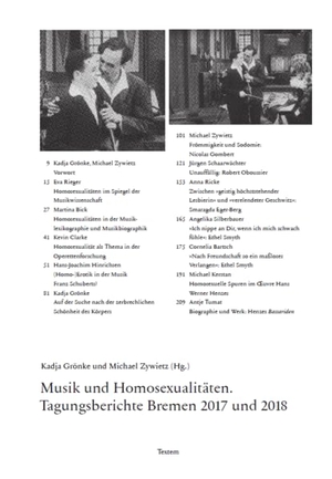 Grönke, Kadja / Michael Zywietz (Hrsg.). Musik und Homosexualitäten. - Tagungsberichte Bremen 2017 und 2018. Textem Verlag, 2021.