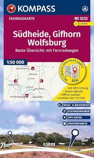 KOMPASS Fahrradkarte 3222 Südheide, Gifhorn, Wolfsburg mit Knotenpunkten 1:50.000 - reiß- und wetterfest. KOMPASS Freytag & Berndt, 2026.