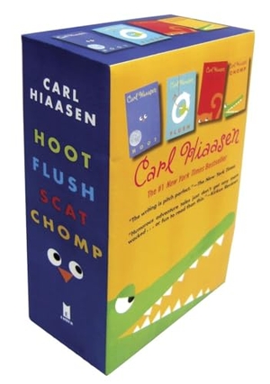 Hiaasen, Carl. Hiaasen 4-Book Trade Paperback Box Set - Chomp; Flush; Hoot; Scat. Random House Children's Books, 2013.