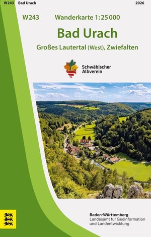 Lgl-Bw (Hrsg.). W243 Wanderkarte 1:25 000 Bad Urach - Großes Lautertal (West), Zwiefalten. LVA Baden-Württemberg, 2026.