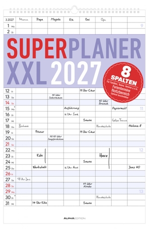 Neumann Verlage GmbH & Co KG (Hrsg.). Superplaner XXL 8 Spalten 2027 - Familienkalender 34x49,5 cm mit 8 Spalten, Schulferien, Feiertagen & Notizfeld, ideal für Familienorganisation. Neumann Verlage GmbH & Co, 2026.
