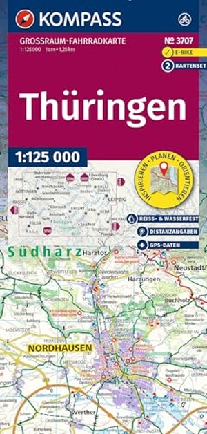 KOMPASS Großraum Fahrradkarte 3707 Thüringen 1:125.000 - 2 Karten im Set, reiß- und wetterfest, GPX-Daten zum Download. Kompass Karten GmbH, 2026.