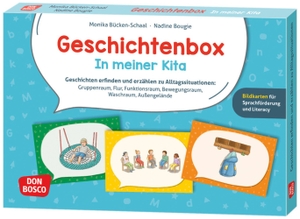 Bücken-Schaal, Monika. Geschichtenbox: In meiner Kita - Geschichten erfinden und erzählen zu Alltagssituationen: Gruppenraum, Flur, Funktionsraum, Bewegungsraum, Waschraum, Außengelände. Bildkarten für Sprachförderung und Literacy. Don Bosco Medien GmbH, 2023.