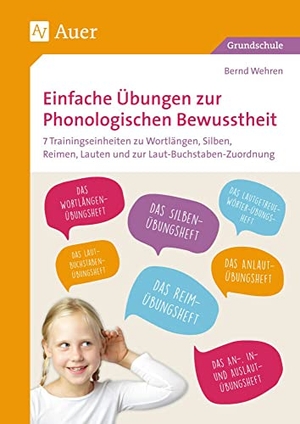 Wehren, Bernd. Einfache Übungen zur Phonologischen Bewusstheit - 7 Trainingseinheiten zu Wortlängen, Silben, Reimen, Lauten und zur Laut-Buchstaben-Zuordnung (1. Klasse). Auer Verlag i.d.AAP LW, 2019.