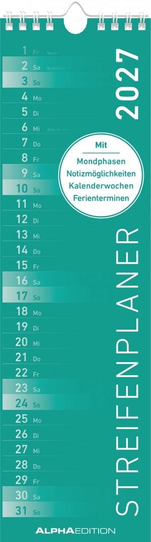 Neumann Verlage GmbH & Co KG (Hrsg.). Streifenplaner Mini MINT 2027 - schmaler Wandkalender 9,5x33 cm mit farblich markierten Wochenenden, Feiertagen & Mondphasen, ideal für Haushalt, Familie & Büro. ALPHA EDITION GmbH, 2026.