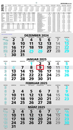 Zettler Kalender (Hrsg.). 4-Monatskalender blau 2025 - 33x45 - mit Kopftafel - Datumsschieber -    959-0015-1. Neumann Verlage GmbH & Co, 2024.