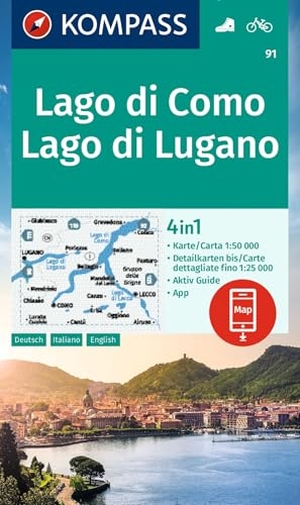KOMPASS Wanderkarte 91 Lago di Como, Lago di Lugano 1:50.000 - 4in1 Wanderkarte mit Aktiv Guide und Detailkarten inklusive Karte zur offline Verwendung in der KOMPASS-App. Fahrradfahren.. Kompass Karten GmbH, 2022.