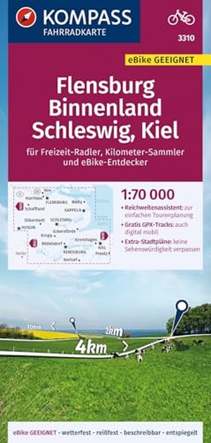 KOMPASS Fahrradkarte 3310 Flensburg Binnenland, Schleswig, Kiel 1:70.000 - reiß- und wetterfest mit Extra Stadtplänen. Kompass Karten GmbH, 2023.