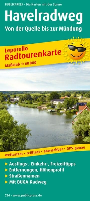 Radtourenkarte Havelradweg, Von der Quelle bis zur Mündung 1 : 60 000 - Leporello mit Ausflugszielen, Einkehr- & Freizeittipps. PUBLICPRESS, 2021.