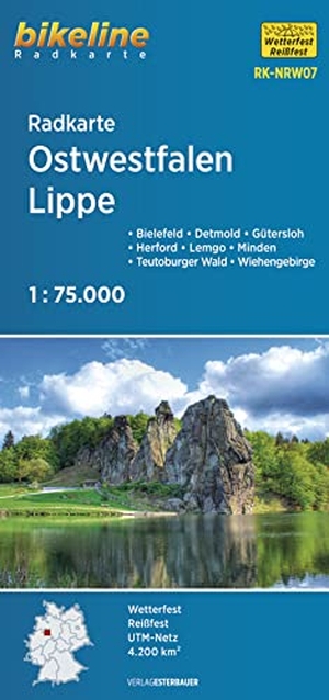 Esterbauer Verlag (Hrsg.). Radkarte Ostwestfalen Lippe 1:75.000  (RK-NRW07) - Bielefeld - Detmold - Gütersloh - Herford - Lemgo - Minden - Teutoburger Wald - Wiehengebirge, 1:75.000, wetterfest/reißfest, GPS-tauglich mit UTM-Netz. Esterbauer GmbH, 2021.