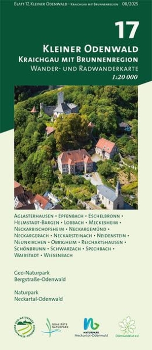 Geo-Naturpark Bergstraße-Odenwald / Naturpark Neckartal-Odenwald (Hrsg.). Blatt 17, Kleiner Odenwald - Kraichgau mit Brunnenregion - Wander- und Radwanderkarte 1:20.000. Mit Aglasterhausen, Epfenbach, Eschelbronn, Helmstadt-Bargen, Lobbach, Meckesheim, Neckarbischofsheim, Neckargemünd, Neckargerach, Neckarsteinach, Neidenstein, Neunkirchen, Obrigheim, Reichartshausen, Schönbrunn, .... MeKi Landkarten GmbH, 2025.